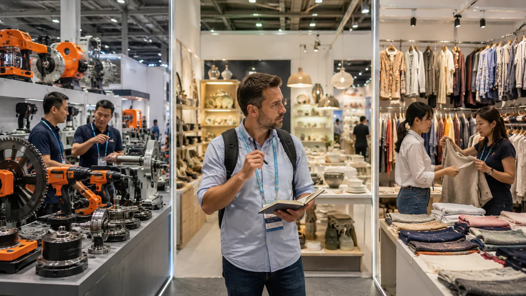 Comprador comparando sectores industriales, artículos para el hogar y textiles en una feria china