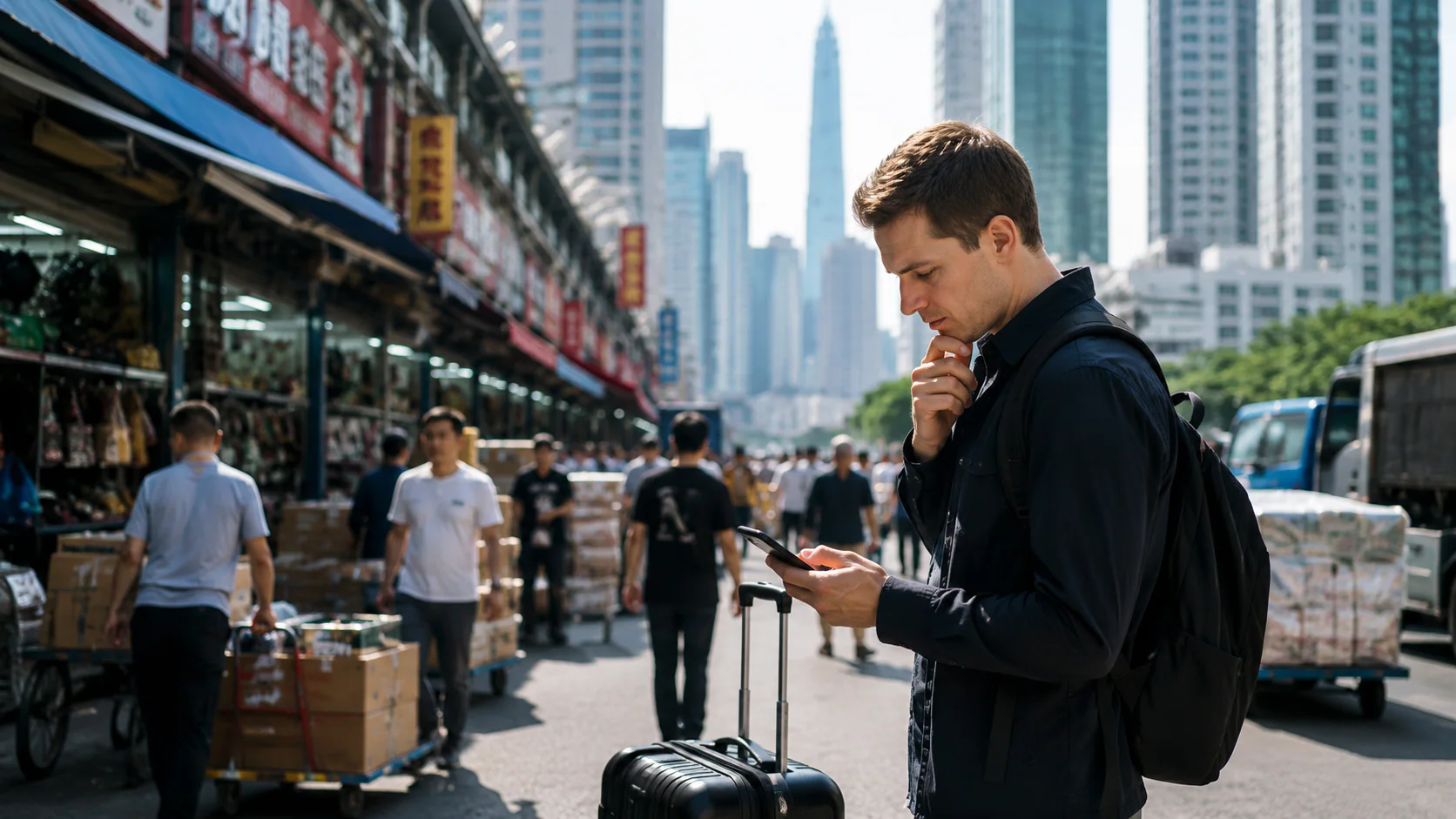Viajero de negocios recorriendo un mercado de compras en China y decidiendo el próximo destino