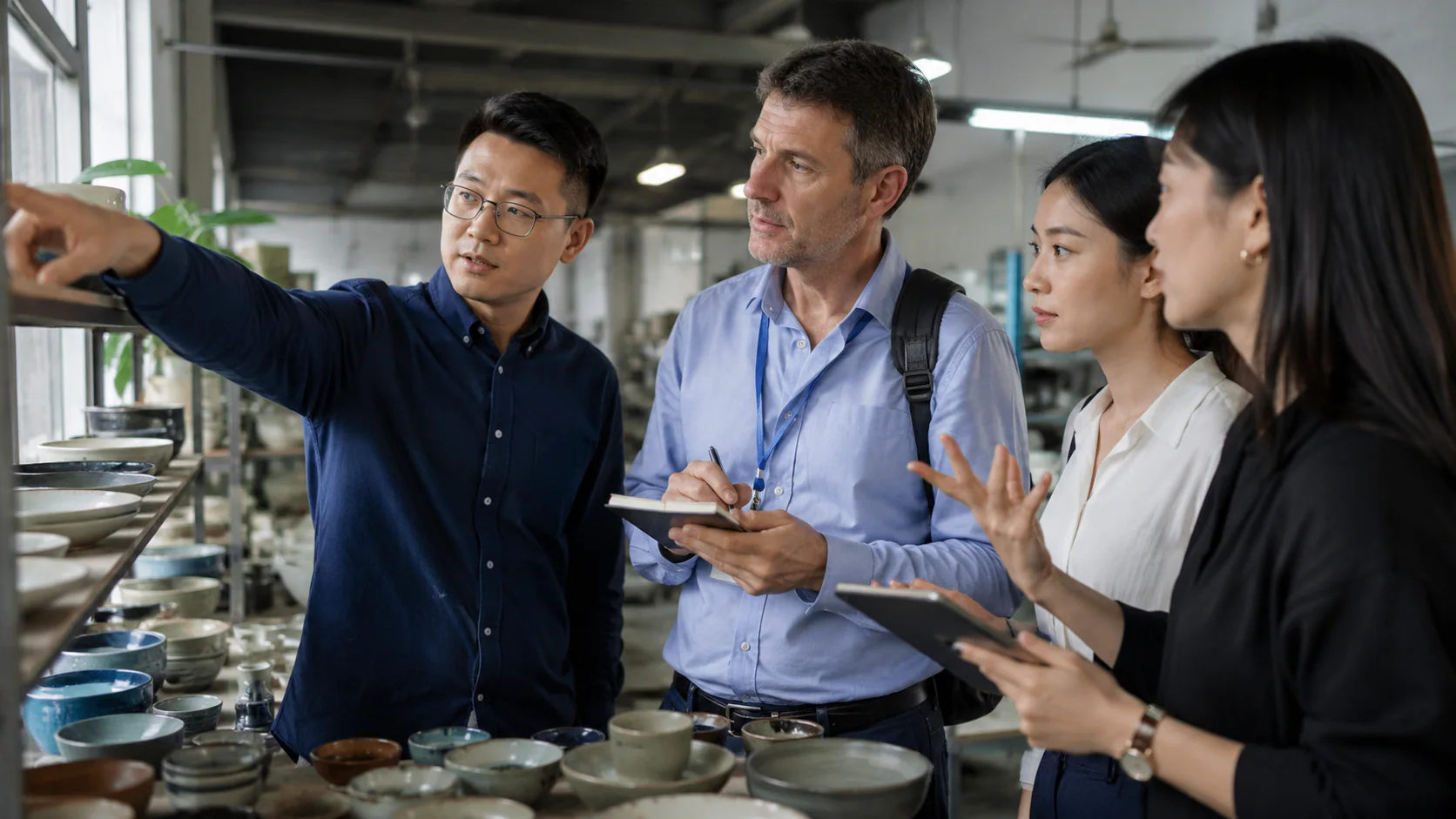 Comprador internacional recibiendo orientación sobre productos de un equipo local en China