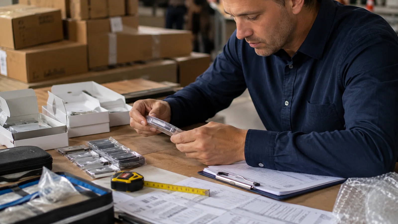 Comprador revisando muestras y detalles de importación