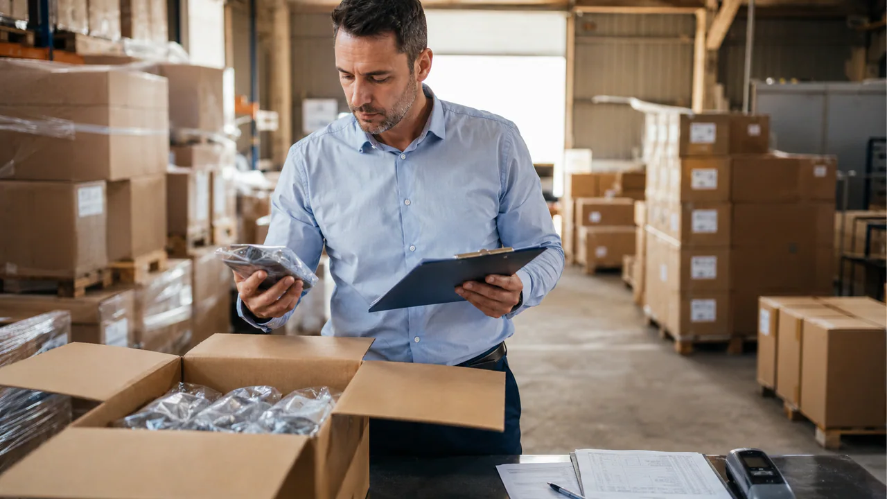 Responsable de importación revisando productos, embalaje y documentos para reducir riesgos