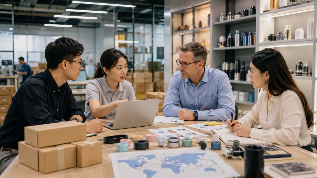 Equipo internacional de compras planificando una cadena de suministro madura en China