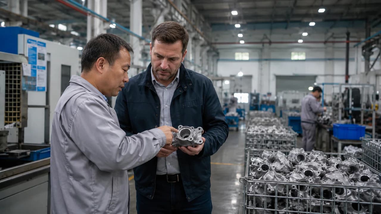 Importador evaluando a un proveedor chino durante una visita a fábrica